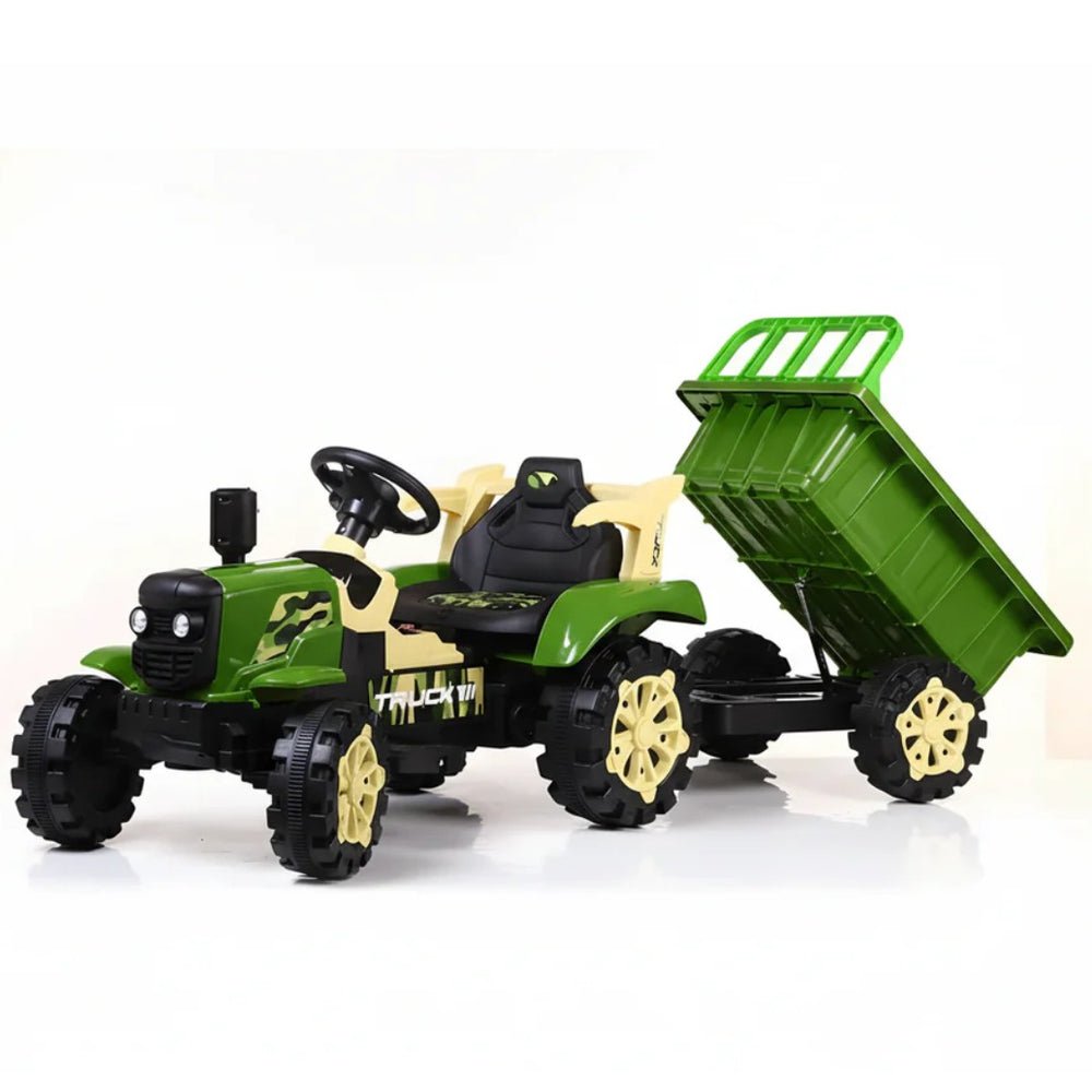 Smartechnology Kids Ride On Tractor 12V Battery Operated with Hydraulic Trolley, Dual Motor Electric Tractor for Kids with Music & Lights